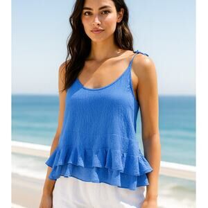 Rebecca Taylor Silk Textured Tiered Ruffle Tank Top Blue 0 Coastal Luxe Coquette